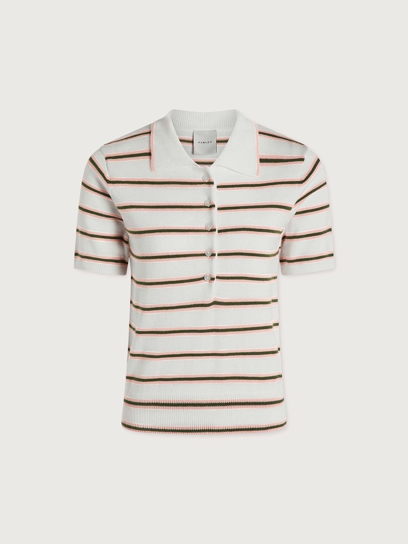 Varley White Pink Ivy Stripe Faustine Button Neck Polo