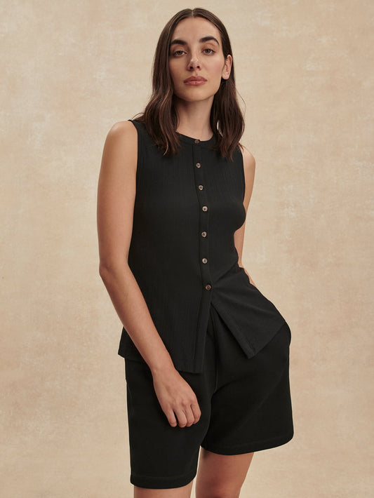 Varley Black Latia Button Through Tank Top