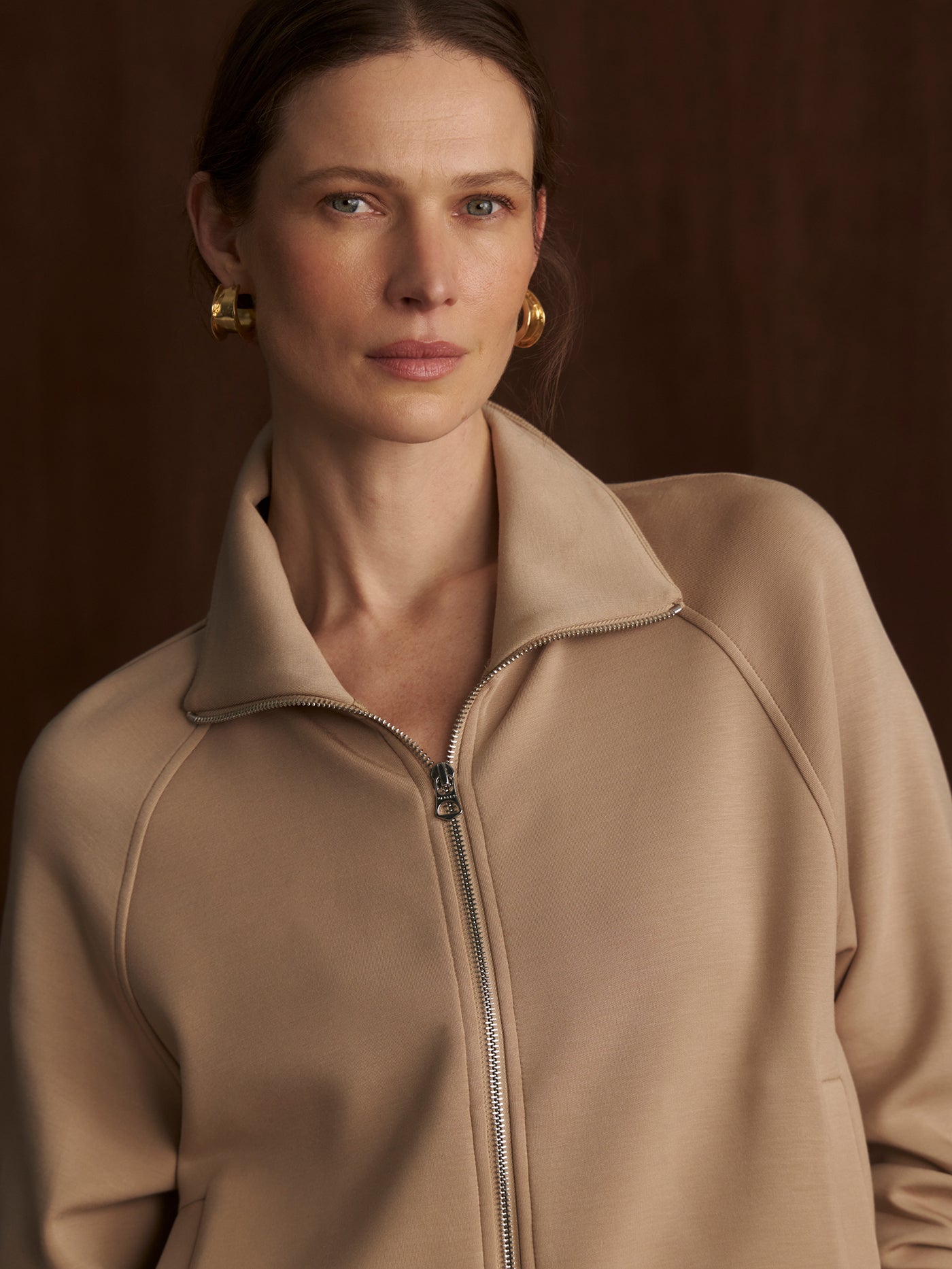 Varley Light Taupe Tyde Zip Through Sweat