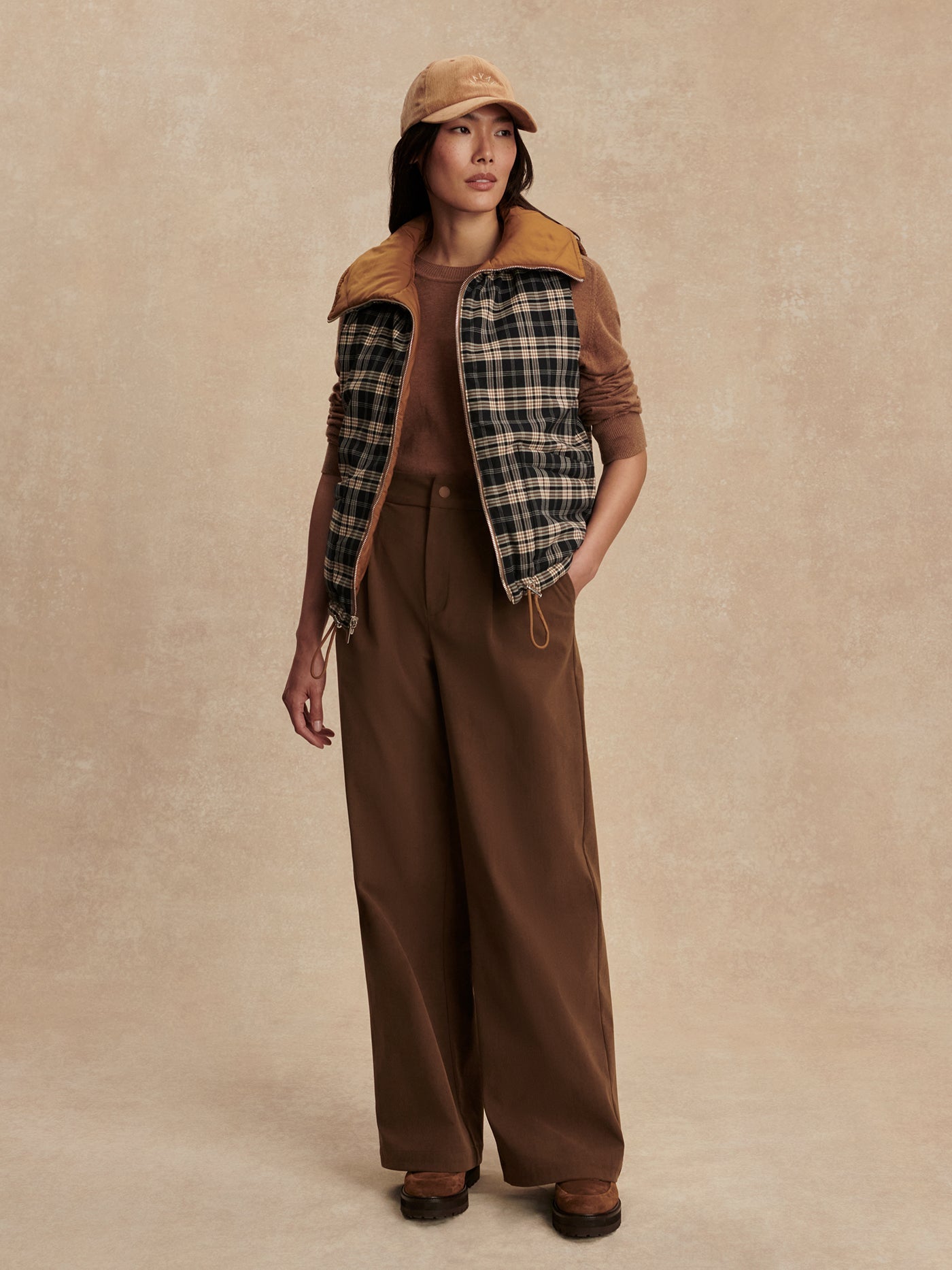 Varley Golden Bronze/ Navy Check Miya Reversible Gilet