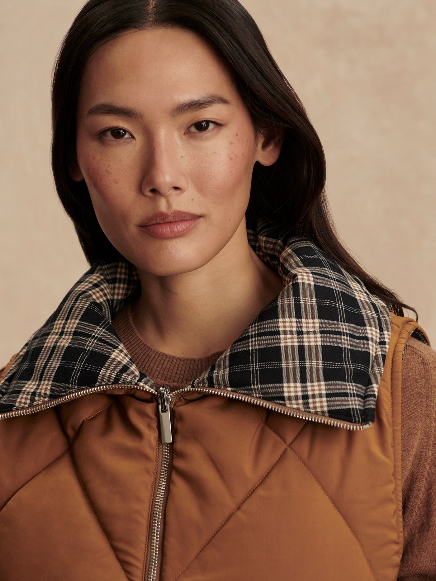 Varley Golden Bronze/ Navy Check Miya Reversible Gilet