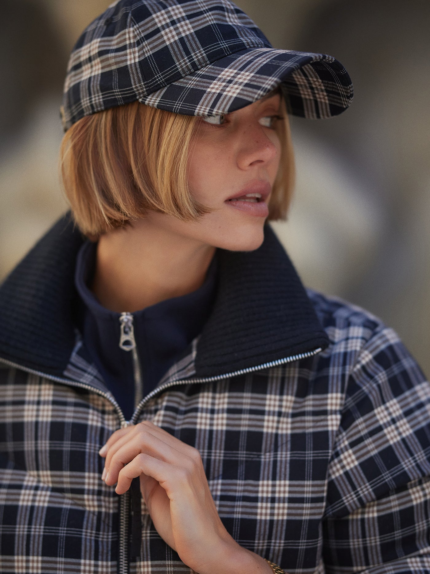 Varley Navy Check Bryony Short Puffer Jacket