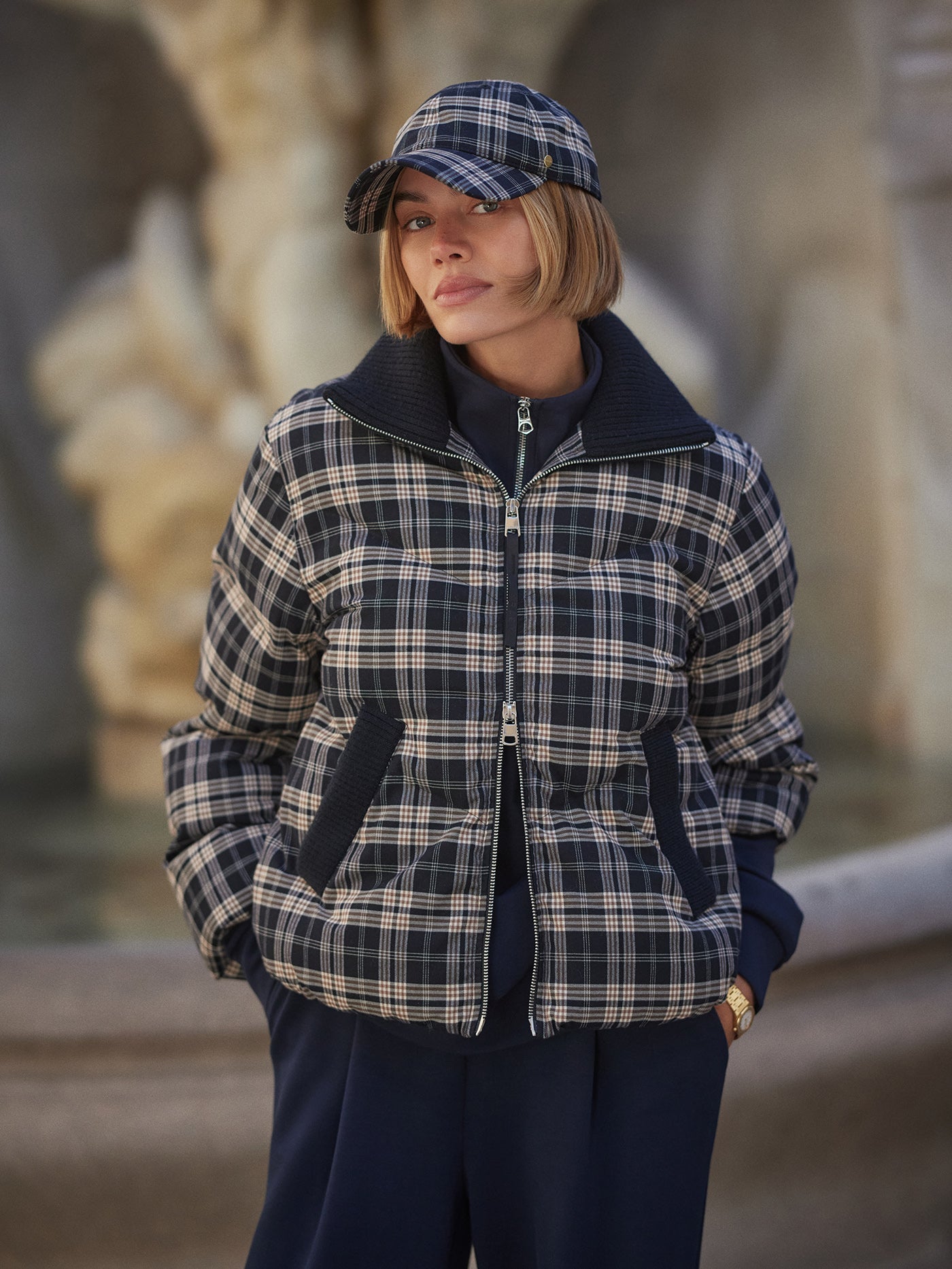 Varley Navy Check Bryony Short Puffer Jacket