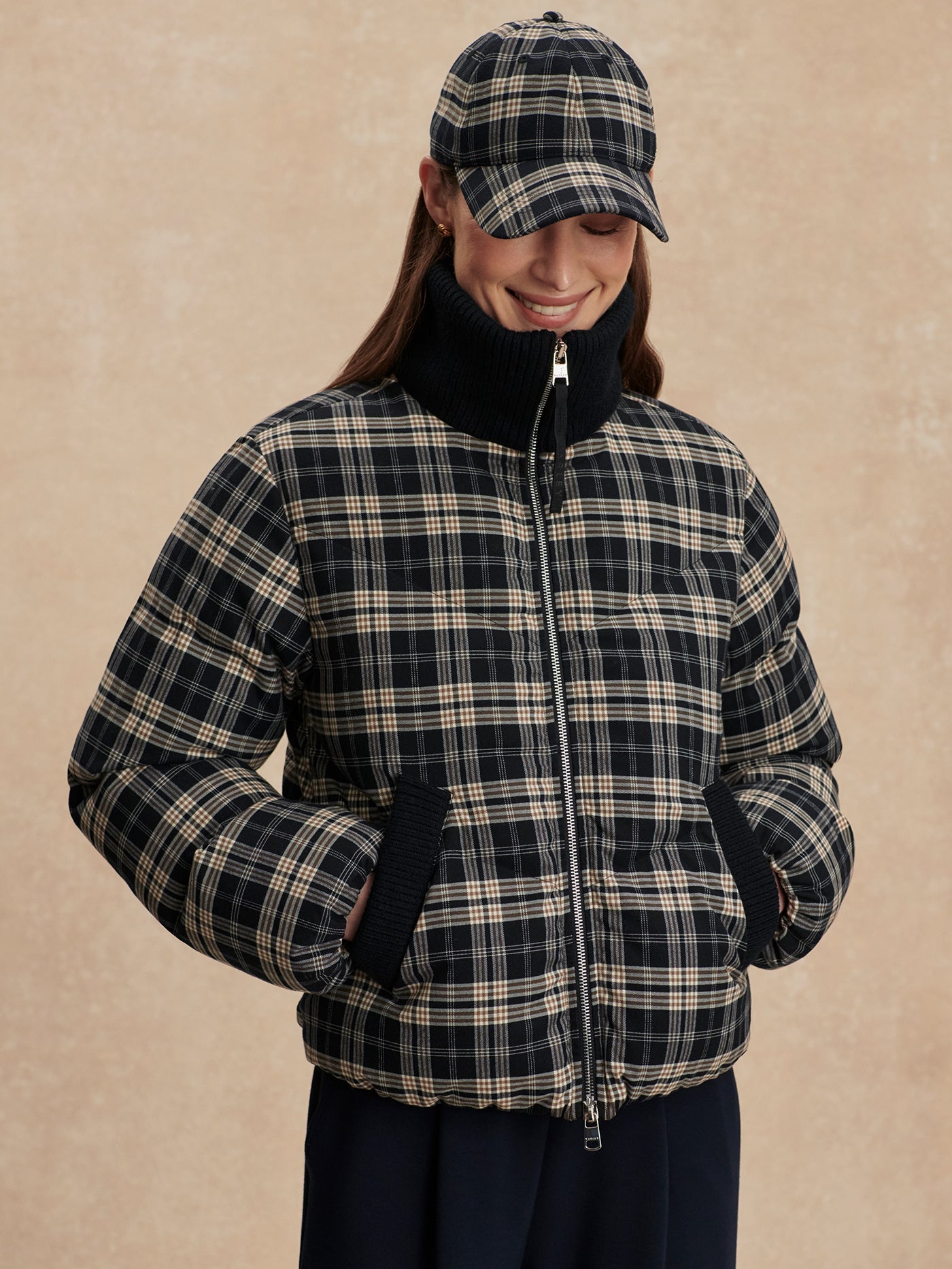 Varley Navy Check Bryony Short Puffer Jacket