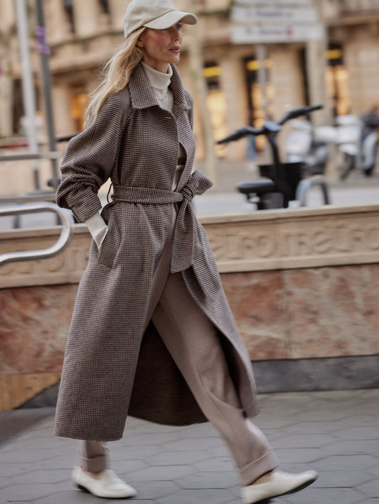Varley Deep Taupe/ Sandshell Micro Puppytooth Tomlinson Belted Long Coat