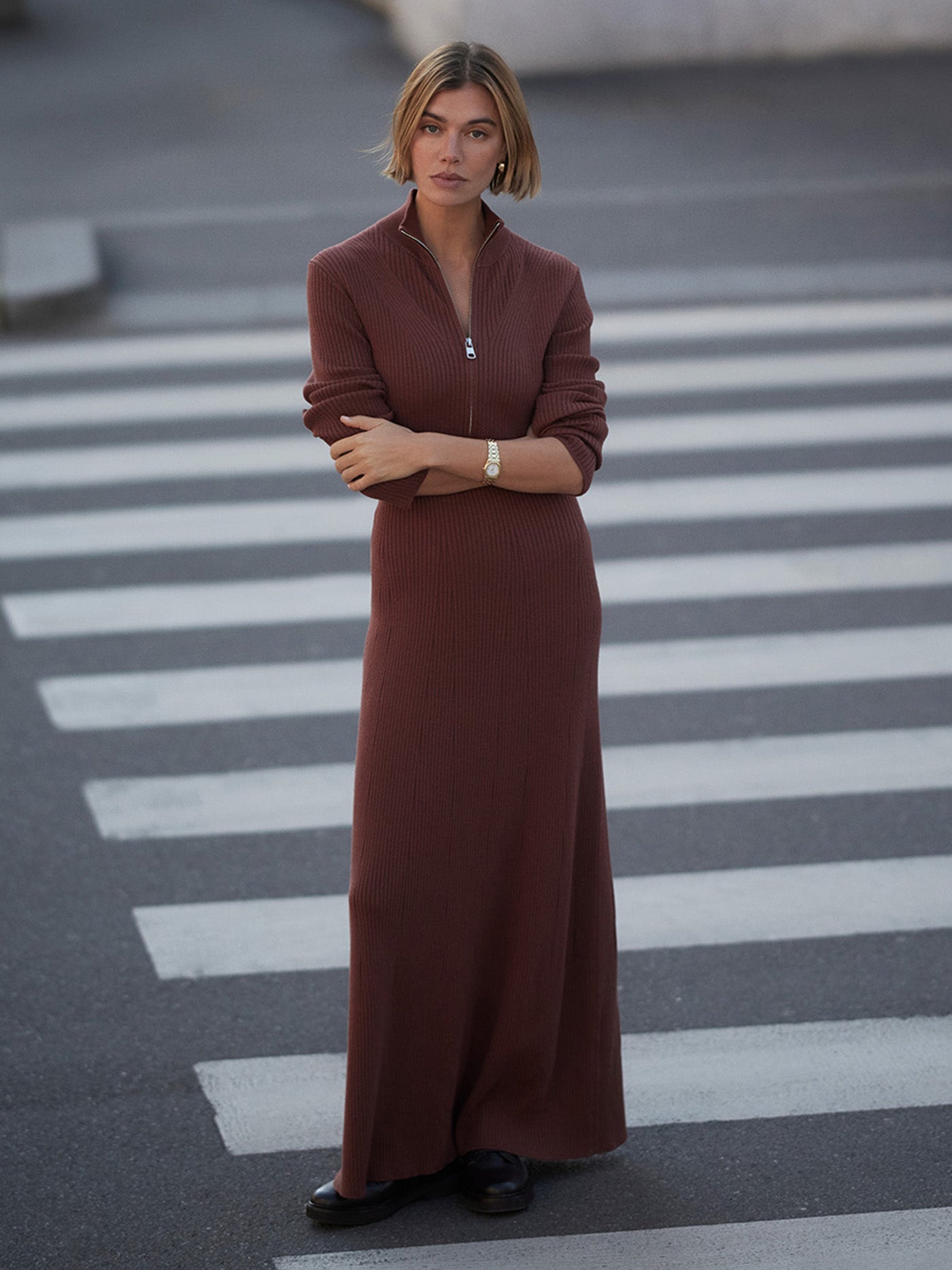Varley Cinnamon Burnet Zip Knit Maxi Dress