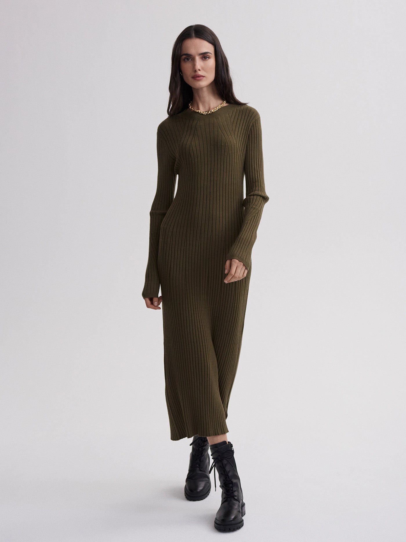 Varley Olive Night Axel Rib Knit Midi Dress