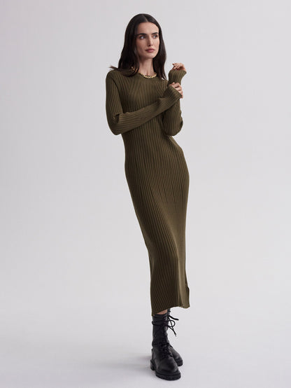 Varley Olive Night Axel Rib Knit Midi Dress