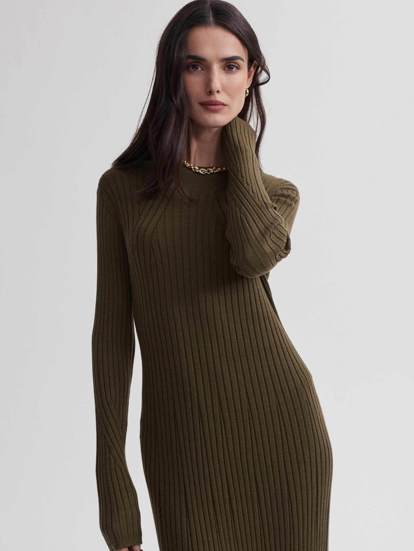 Varley Olive Night Axel Rib Knit Midi Dress