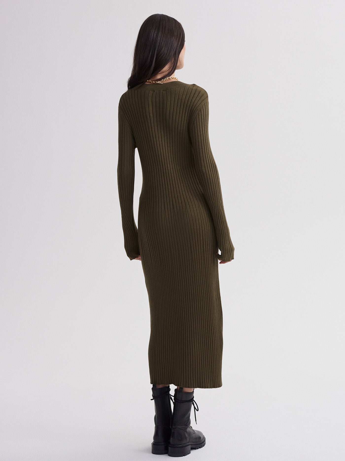 Varley Olive Night Axel Rib Knit Midi Dress