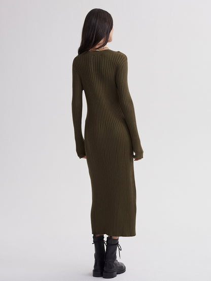 Varley Olive Night Axel Rib Knit Midi Dress