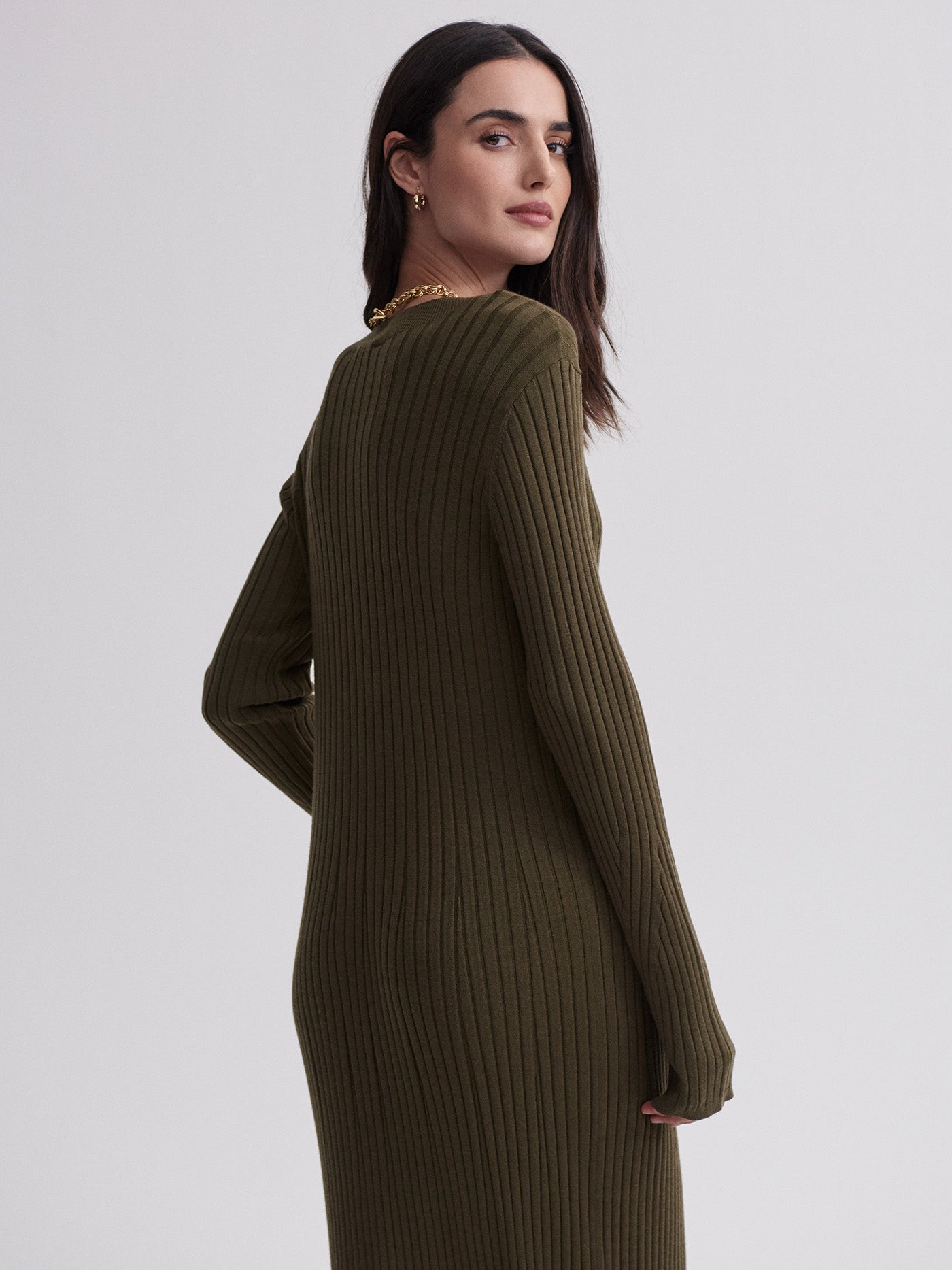 Varley Olive Night Axel Rib Knit Midi Dress