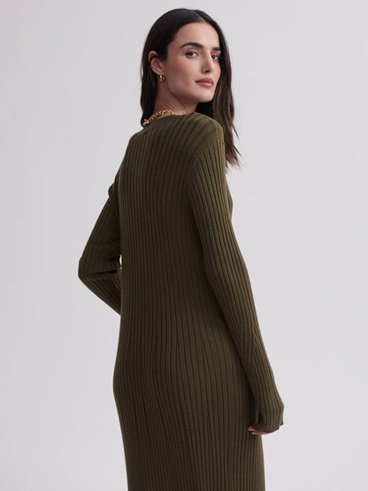 Varley Olive Night Axel Rib Knit Midi Dress
