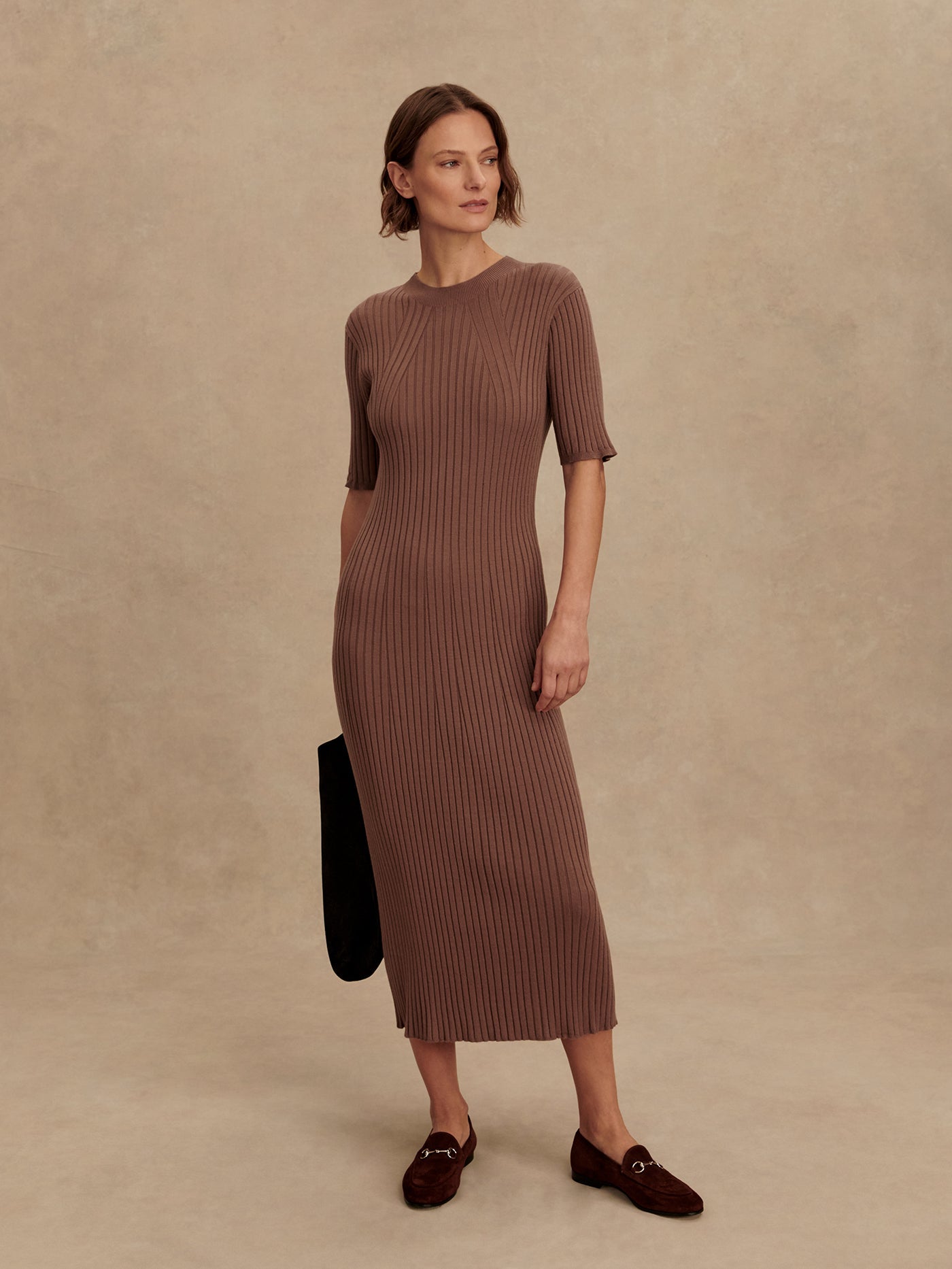Varley Deep Taupe Maeve 2.0 Rib Knit Midi Dress