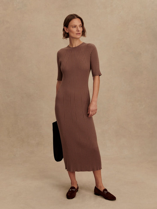 Varley Deep Taupe Maeve 2.0 Rib Knit Midi Dress