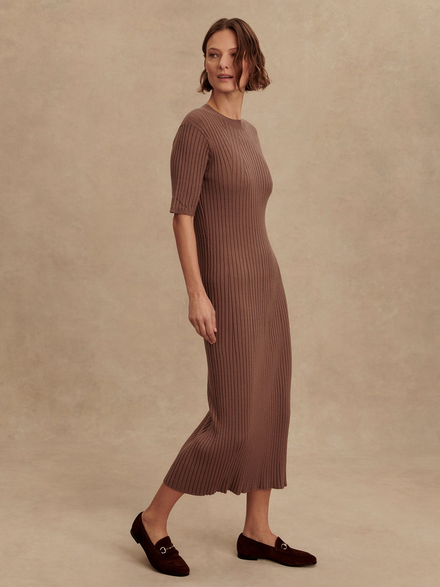 Varley Deep Taupe Maeve 2.0 Rib Knit Midi Dress