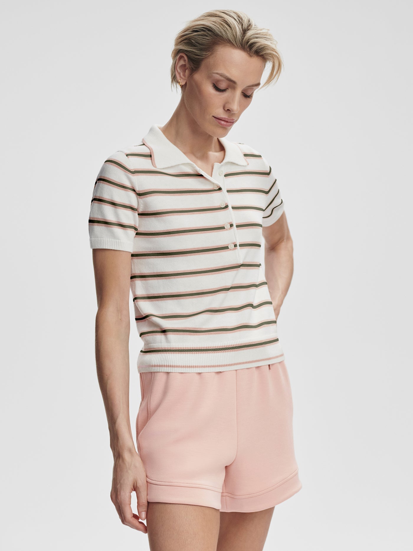 Varley White Pink Ivy Stripe Faustine Button Neck Polo