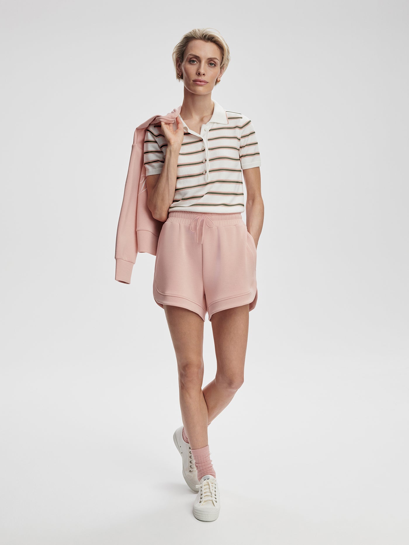 Varley White Pink Ivy Stripe Faustine Button Neck Polo