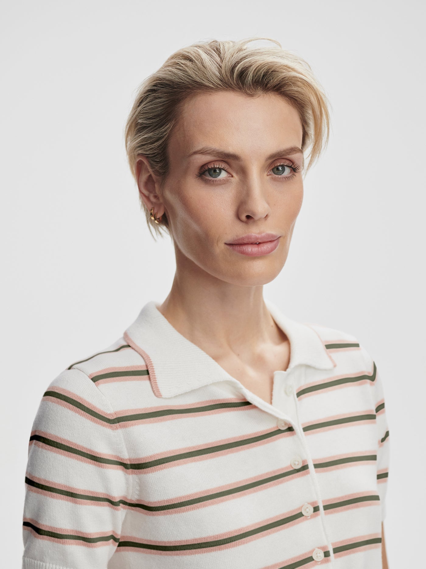 Varley White Pink Ivy Stripe Faustine Button Neck Polo