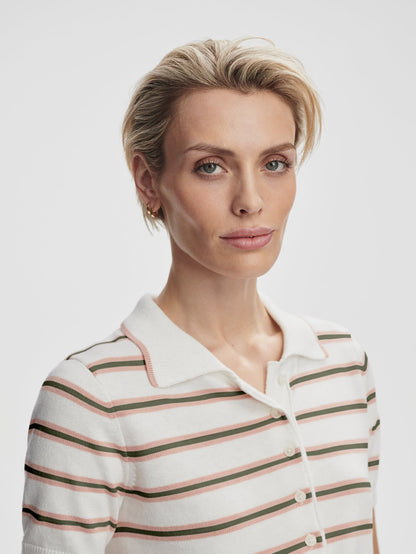 Varley White Pink Ivy Stripe Faustine Button Neck Polo