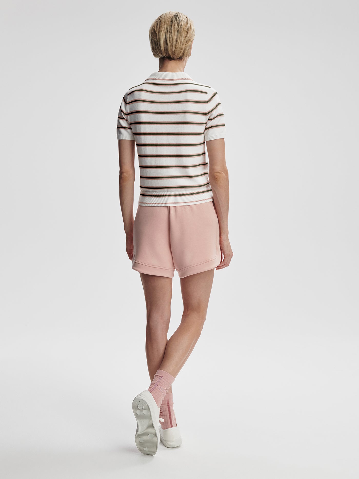 Varley White Pink Ivy Stripe Faustine Button Neck Polo