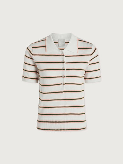 Varley White Pink Ivy Stripe Faustine Button Neck Polo