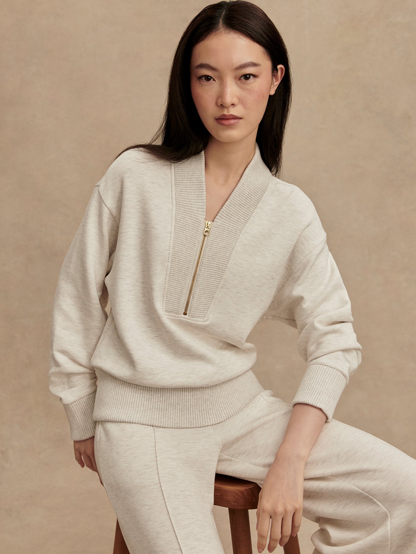 Varley Ivory Marl Sally Half Zip Sweat