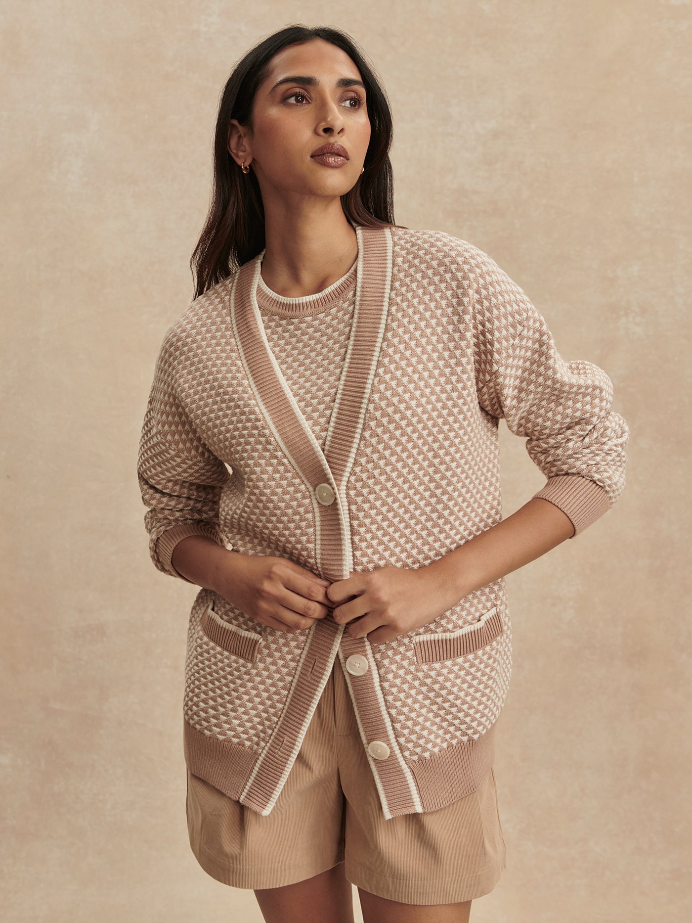 Varley Light Taupe Tarran Stitch Knit Cardigan