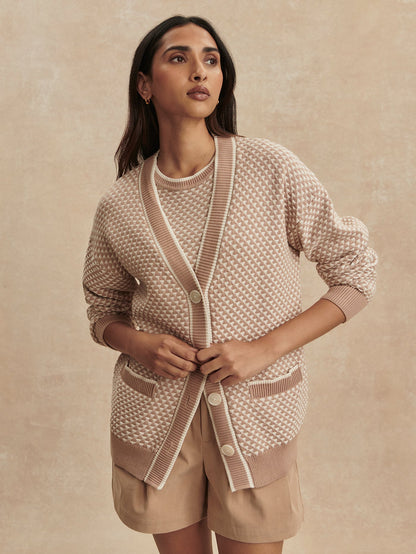 Varley Light Taupe Tarran Stitch Knit Cardigan