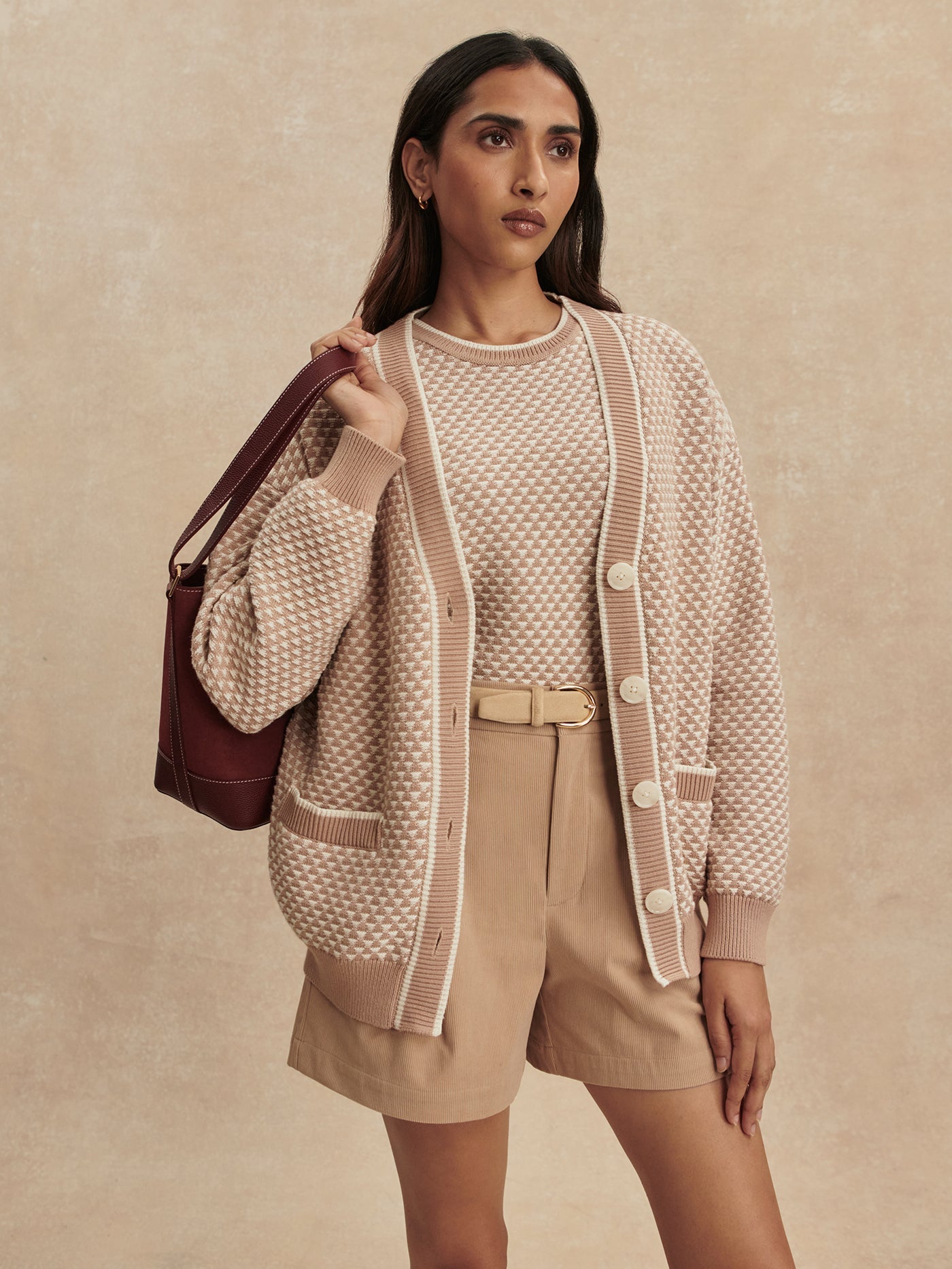 Varley Light Taupe Tarran Stitch Knit Cardigan