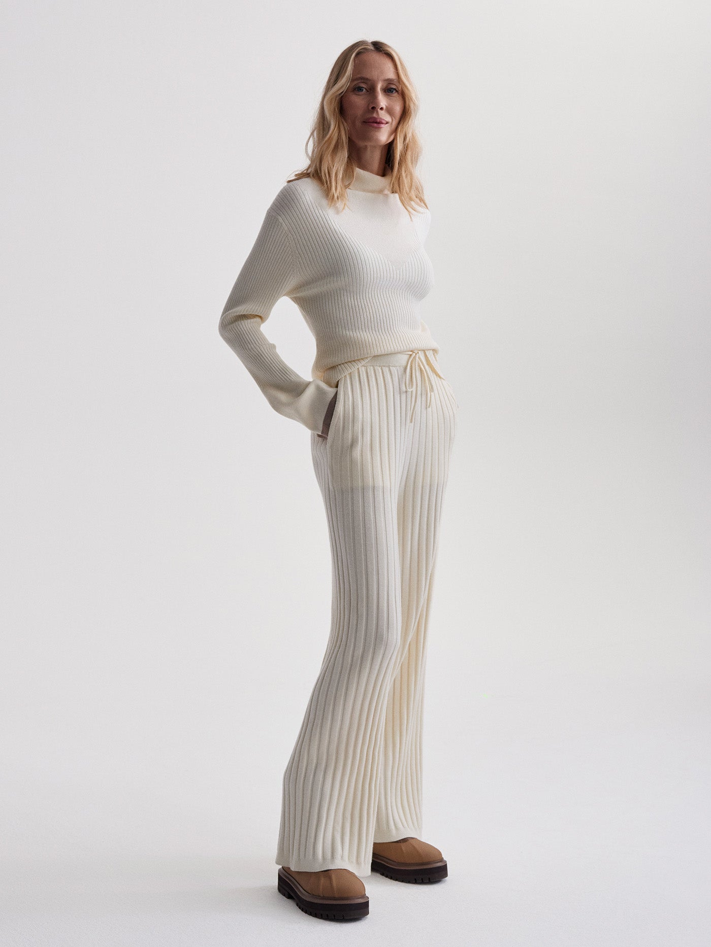 Varley Egret Simeon Wide Rib Knit Trouser