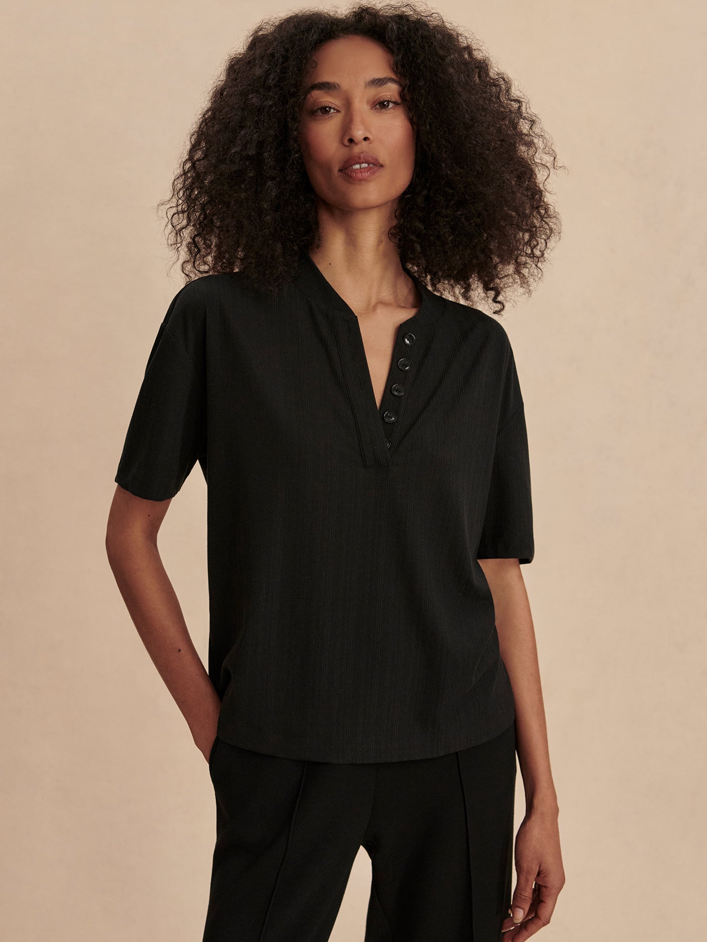 Varley Black Kasey Mock Placket Rib Tee