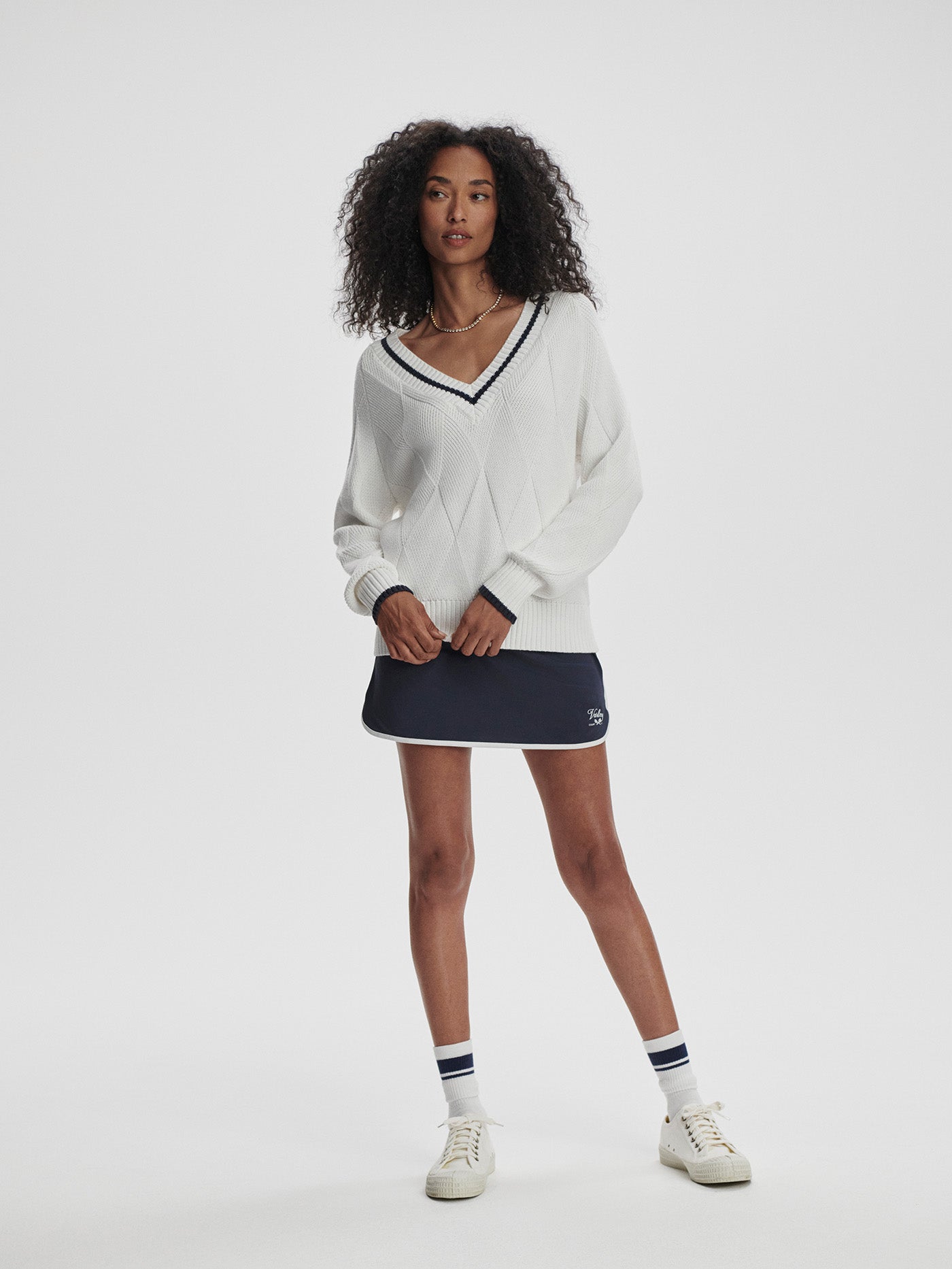 Varley White/ Blue Nights Ray Diamond V-Neck Knit