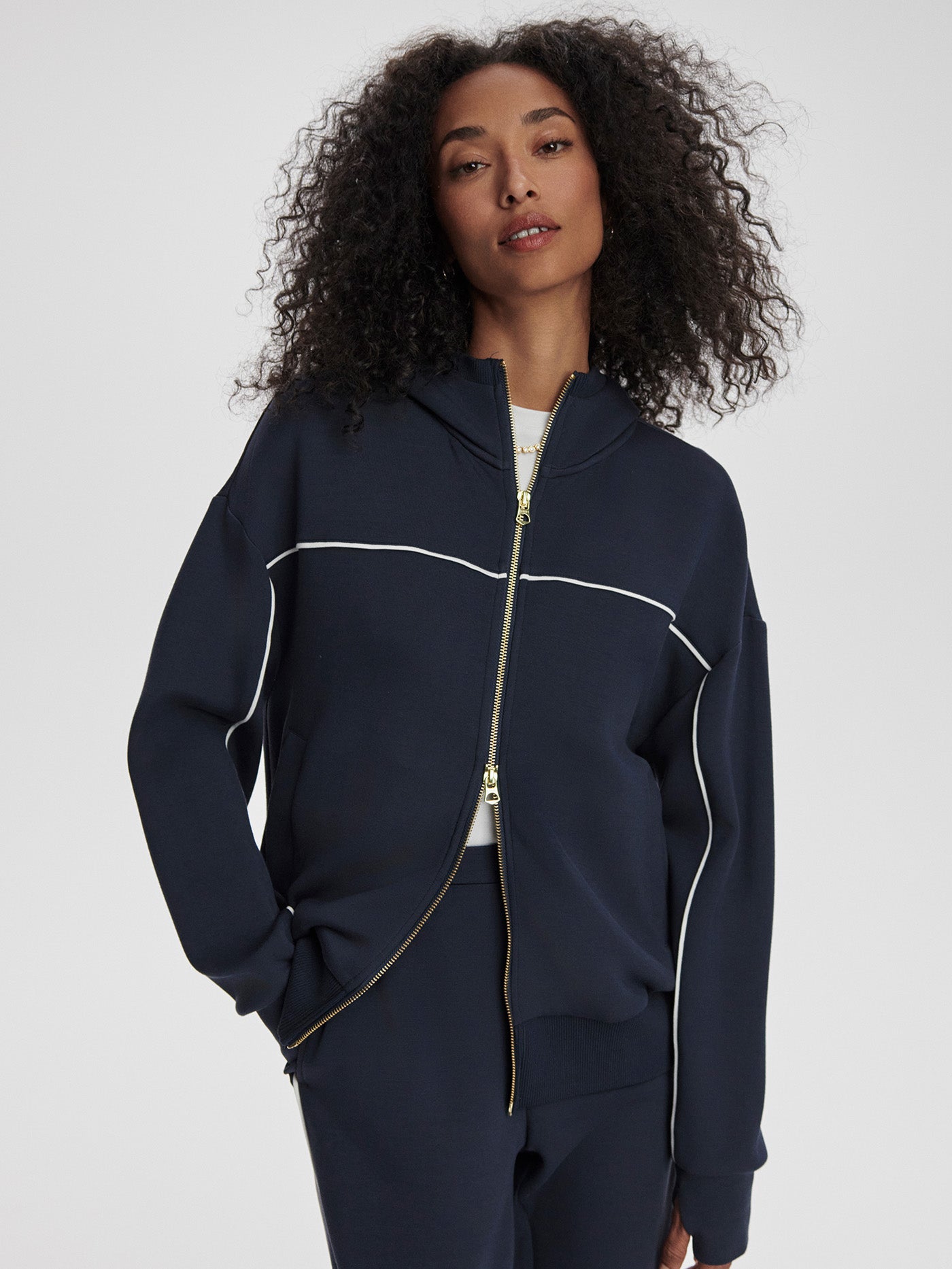 Varley Navy/ White Gia Zip Through Hooded Sweat