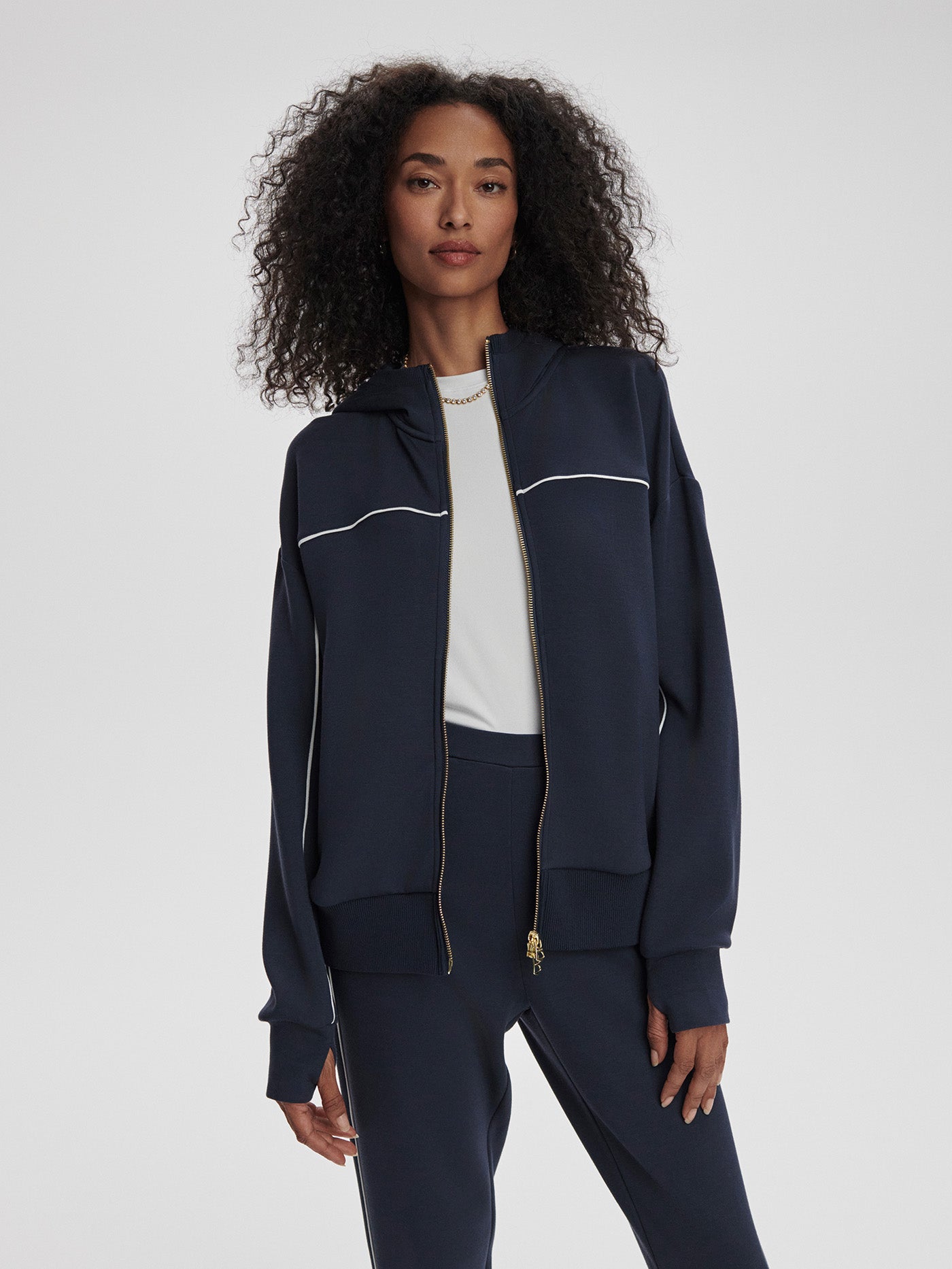 Varley Navy/ White Gia Zip Through Hooded Sweat