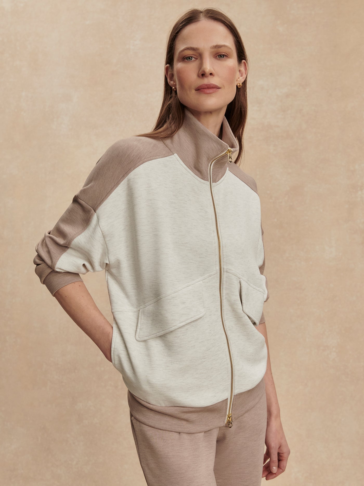 Varley Ivory Marl/ Taupe Marl Garcia 2 Tone Zip Through Sweat