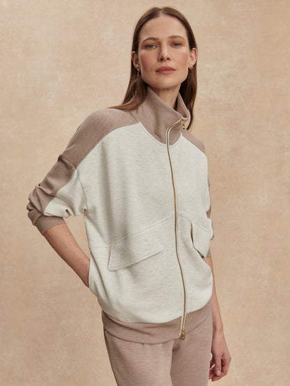 Varley Ivory Marl/ Taupe Marl Garcia 2 Tone Zip Through Sweat
