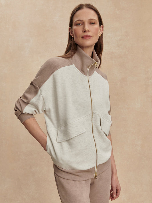 Varley Ivory Marl/ Taupe Marl Garcia 2 Tone Zip Through Sweat
