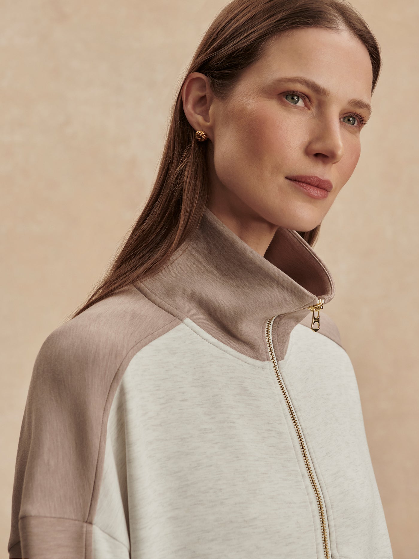 Varley Ivory Marl/ Taupe Marl Garcia 2 Tone Zip Through Sweat