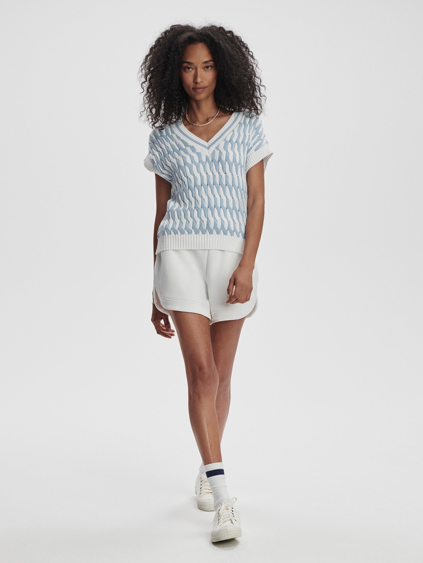 Varley White Celestial Blue Alfie Cable Knit Vest