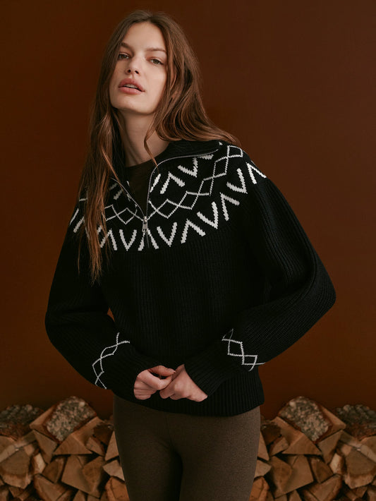 Varley Black Sigrid Fairisle Half Zip Knit
