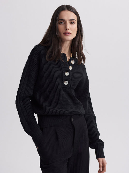 Varley Black Vera Button Neck Sweater