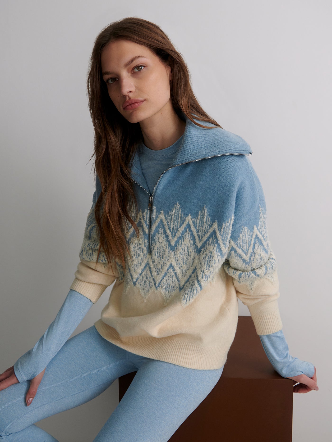 Varley Ashley Blue Hedda Fairisle Half Zip Knit
