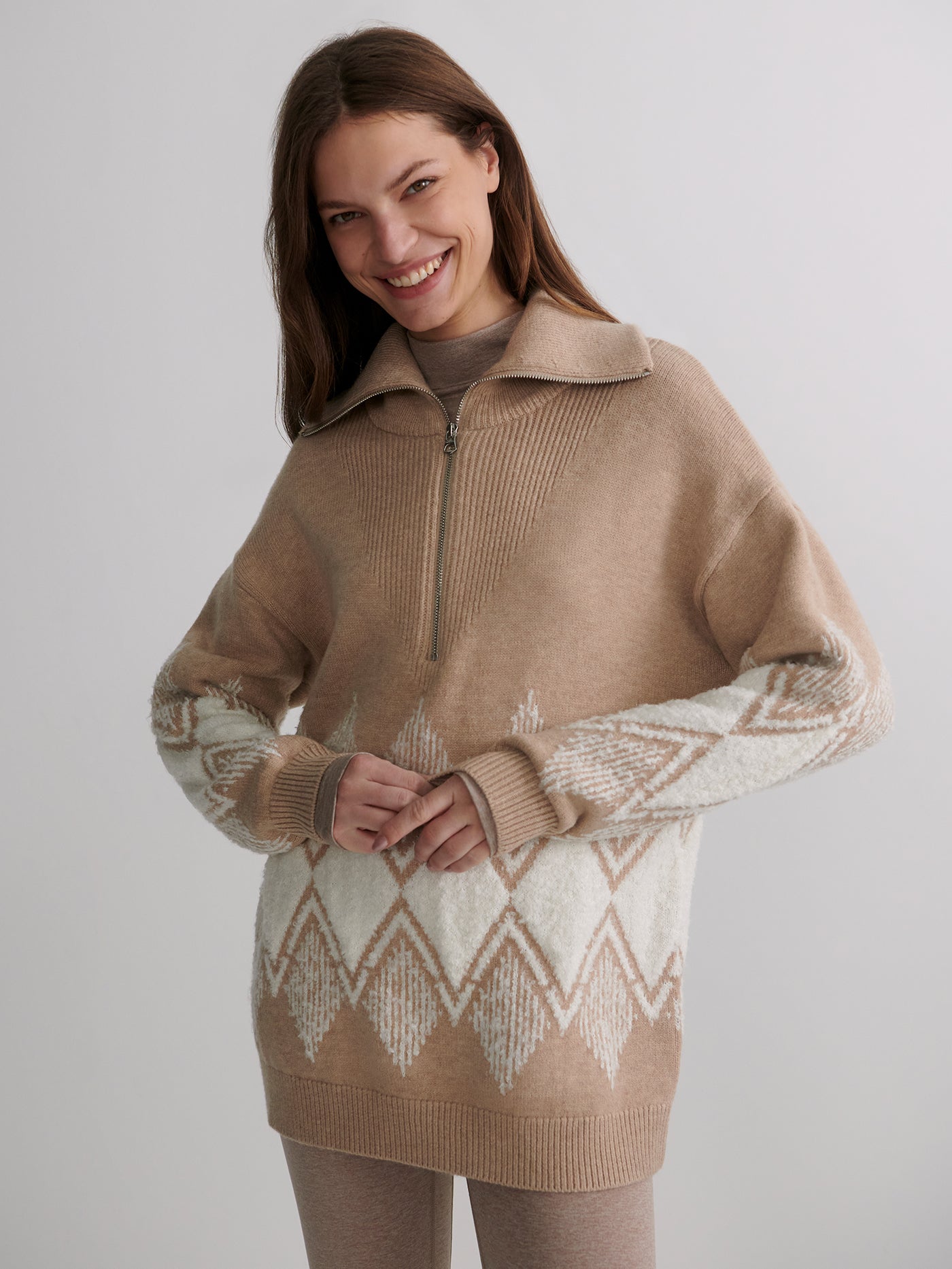 Varley Light Taupe Betty Jacquard Half Zip Knit