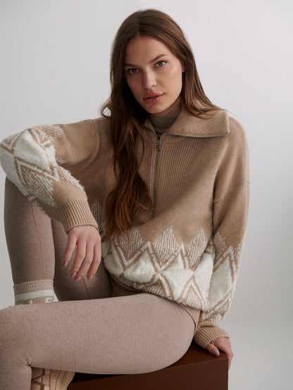 Varley Light Taupe Betty Jacquard Half Zip Knit