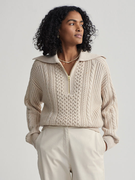Varley Parchment Camello Relaxed Cable Half Zip