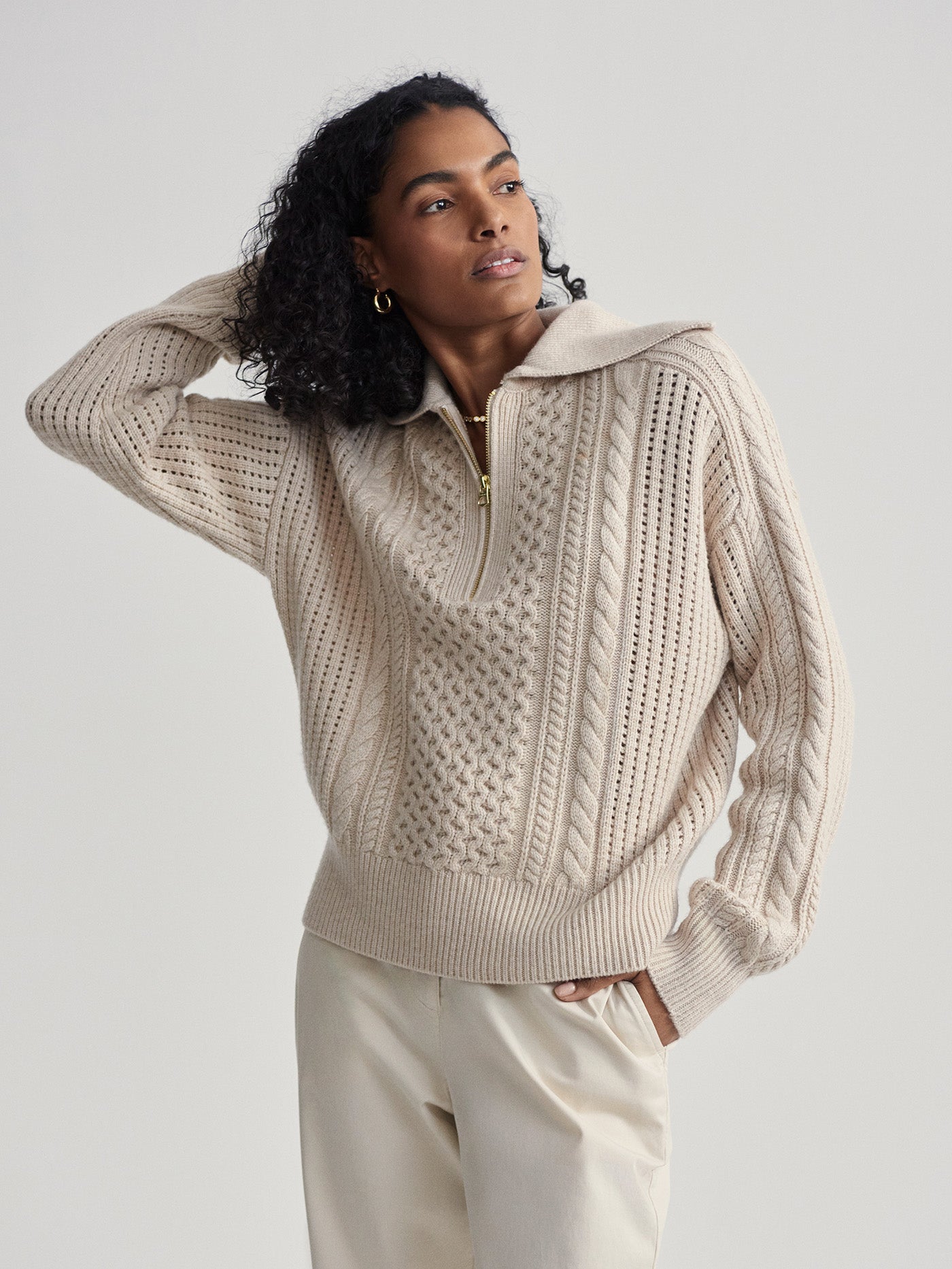 Varley Parchment Camello Relaxed Cable Half Zip