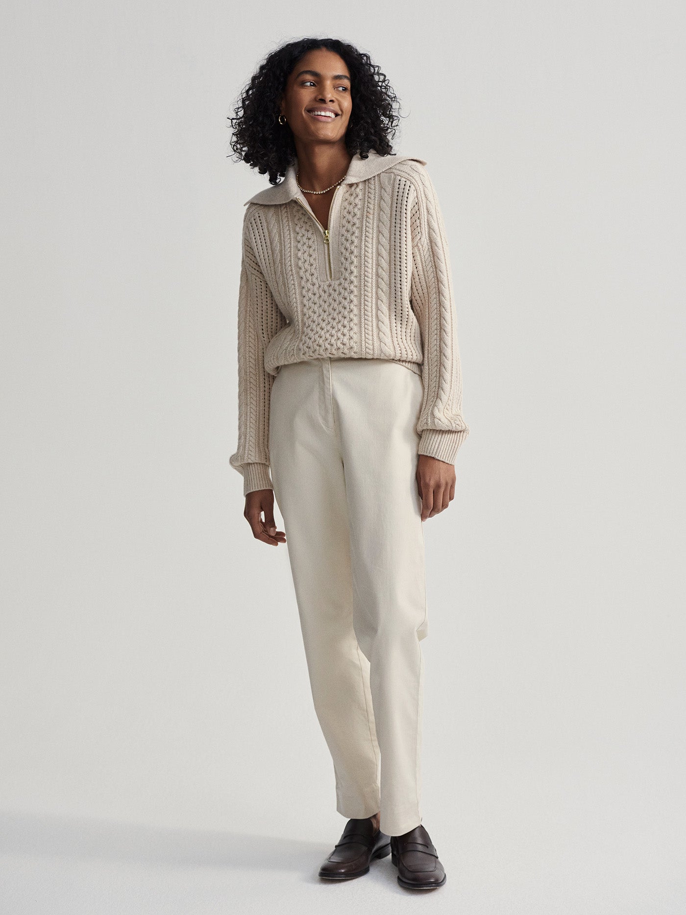 Varley Parchment Camello Relaxed Cable Half Zip
